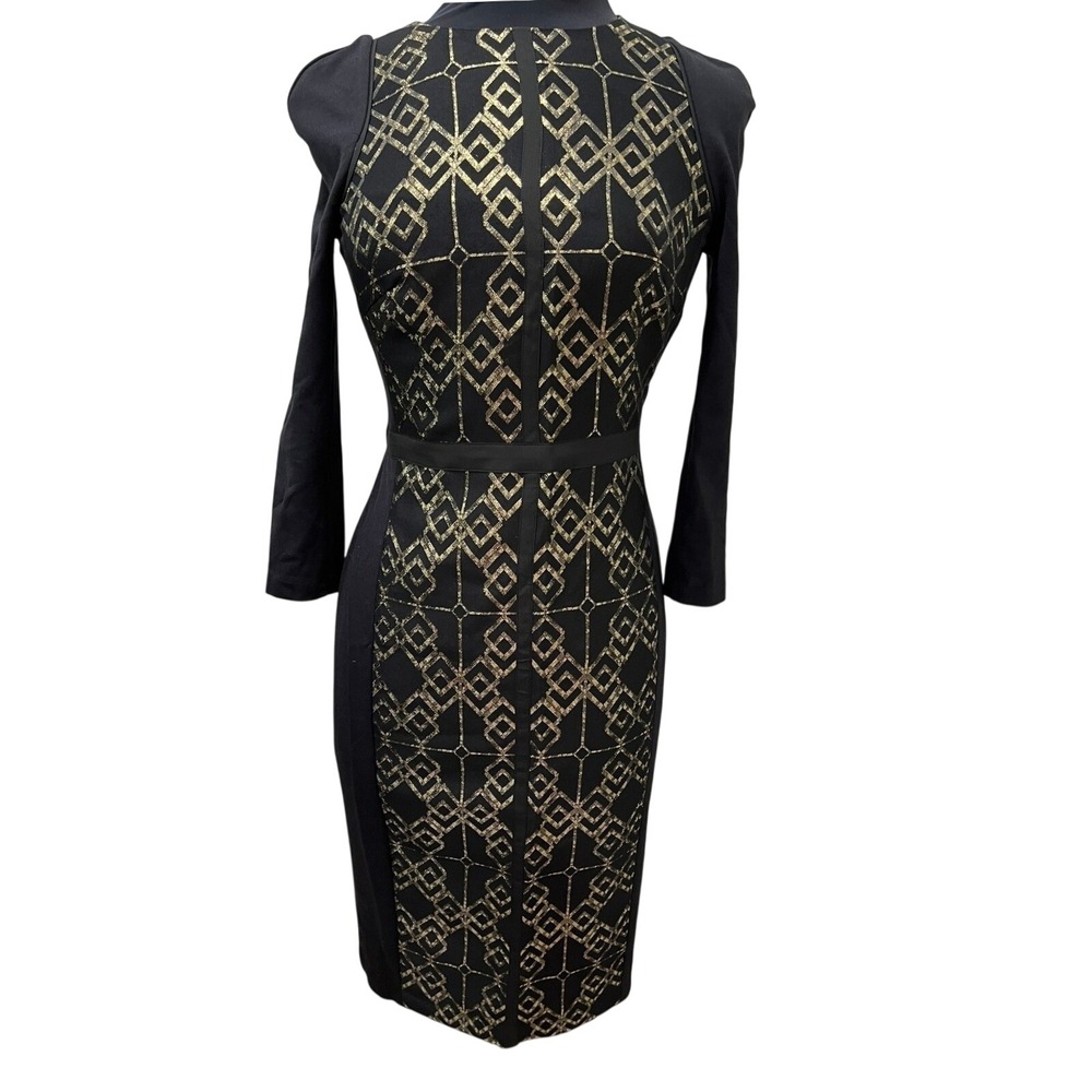 Ted Baker Mikha Black Gold Metallic Geometric Jacquard Sheath Dress Size 2 US 6